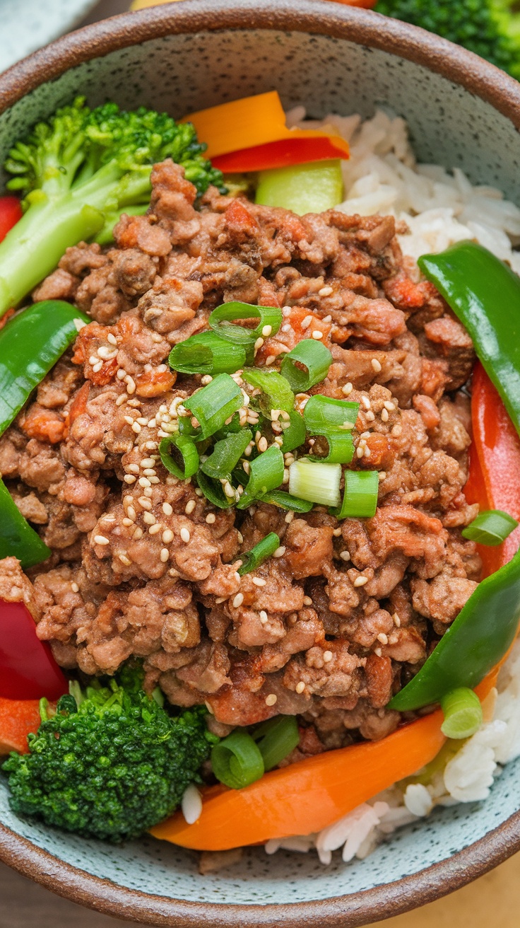 A healthy Korean ground beef bowl with seasoned beef, fresh veggies, and rice, garnished with sesame seeds and green onions.